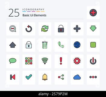 Basic Ui Elements 25 Line Filled icon pack including downlod. arrow. unlock. sign. new Stock Vector