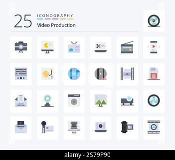 Video Production 25 Flat Color icon pack including . audio editing software. audio editing. retro television Stock Vector
