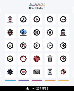 Creative User Interface 25 Line FIlled icon pack  Such As globe. minus. play. interface. ui Stock Vector