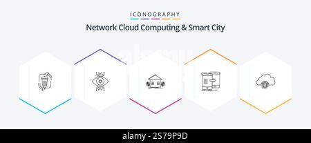 Network Cloud Computing And Smart City 25 Line icon pack including sharing. farming. surveillance. environment. urban Stock Vector