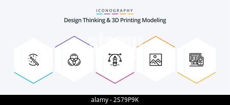 Design Thinking And D Printing Modeling 25 Line icon pack including education. computer. pencil. education. picture Stock Vector