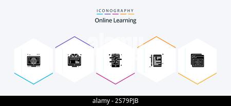 Online Learning 25 Glyph icon pack including school. e-learning. app. device. language app Stock Vector