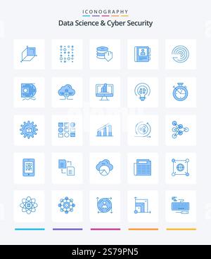 Creative Data Science And Cyber Security 25 Blue icon pack  Such As model. info. shield. diary. phone Stock Vector