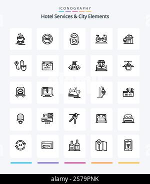 Creative Hotel Services And City Elements 25 OutLine icon pack  Such As building. bike. tag . exercise. bicycle Stock Vector