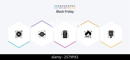 Black Friday 25 Glyph icon pack including big sale. sale. shopping. hot. friday Stock Vector