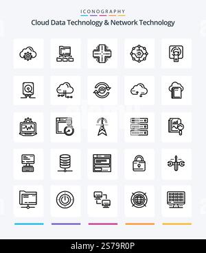 Creative Cloud Data Technology And Network Technology 25 OutLine icon pack  Such As share. connectivity. computing. computing share. server Stock Vector