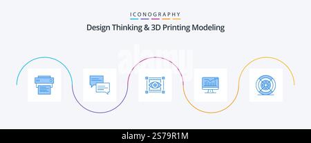 Design Thinking And D Printing Modeling Blue 5 Icon Pack Including filament. monitor. visual. graph. computer Stock Vector