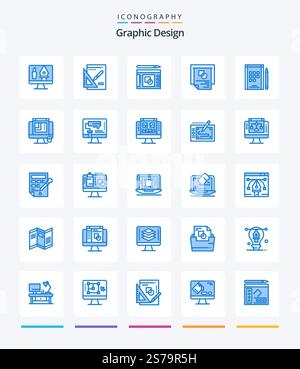 Creative Graphic Design 25 Blue icon pack  Such As paint roller. computer. book. web layout. web designing Stock Vector