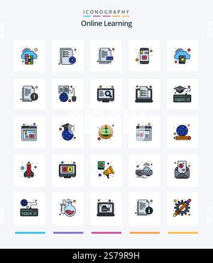 Creative Online Learning 25 Line FIlled icon pack  Such As cloud. smartphone. txt. mobile. knowledge Stock Vector