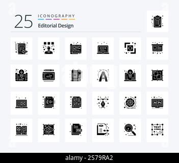 Editorial Design 25 Solid Glyph icon pack including difference. view. art. layout. file Stock Vector