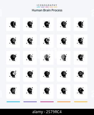 Creative Human Brain Process 25 Glyph Solid Black icon pack  Such As mind. relaxed. chart. music. human Stock Vector