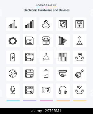 Creative Devices 25 OutLine icon pack  Such As call. mobile. hard. card. sound Stock Vector