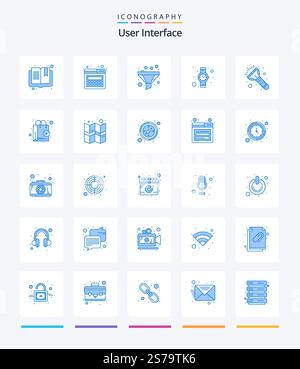 Creative User Interface 25 Blue icon pack  Such As online. torch. funnel. light. watch Stock Vector