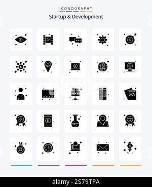 Creative Startup And Develepment 25 Glyph Solid Black icon pack  Such As share. arrow. mail. aim. cogs Stock Vector