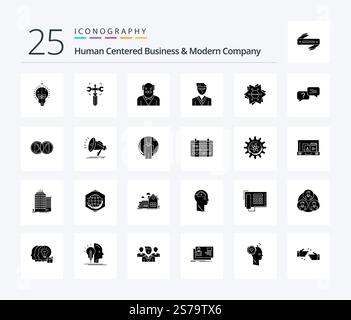 Human Centered Business And Modern Company 25 Solid Glyph icon pack including branding. student. grandpaa. manager. man Stock Vector