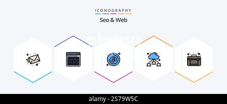 Seo and Web 25 FilledLine icon pack including travel. bag. at. cloud. web Stock Vector