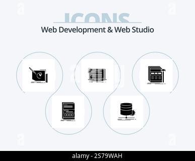 Web Development And Web Studio Glyph Icon Pack 5 Icon Design. computer. code. diagram. text. frame Stock Vector