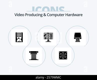 Video Producing And Computer Hardware Glyph Icon Pack 5 Icon Design. driver. cloud. device. ssd. hardware Stock Vector