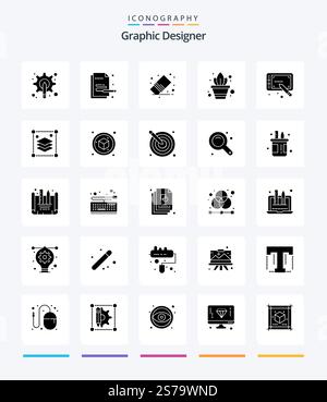 Creative Graphic Designer 25 Glyph Solid Black icon pack  Such As design. plant. pen. gardening. rubber Stock Vector