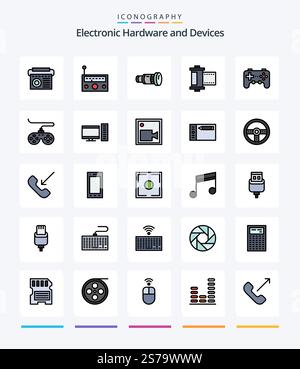 Creative Devices 25 Line FIlled icon pack  Such As computer. game. media. device. roll Stock Vector