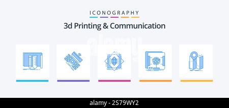3d Printing And Communication Blue 5 Icon Pack Including holographic. 3d. satellite. forming. fabrication. Creative Icons Design Stock Vector