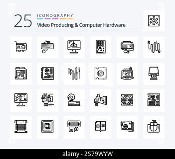 Video Producing And Computer Hardware 25 Line icon pack including solid. drive. obsolete. disk. install Stock Vector