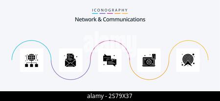Network And Communications Glyph 5 Icon Pack Including setting. laptop. profile. configure. support Stock Vector