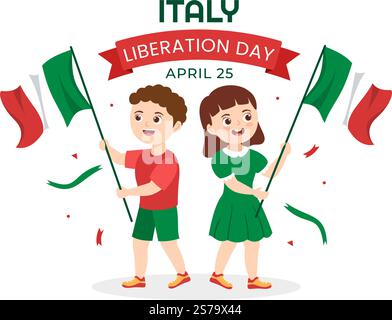 Italy Liberation Day Illustration with Kids, Holiday Celebrate on April 25 and Wave Flag Italian in Flat Cartoon Hand Drawn for Landing Page Templates Stock Vector