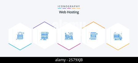 Web Hosting 25 Blue icon pack including online. ssd. storage. memory card. protection Stock Vector