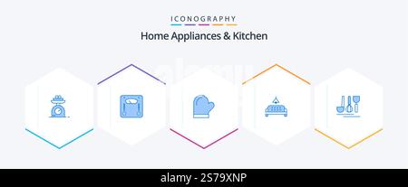Home Appliances And Kitchen 25 Blue icon pack including . service. oven. hotel. home Stock Vector