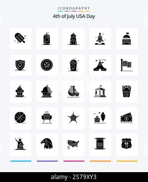 Creative Usa 25 Glyph Solid Black icon pack  Such As flag. usa. chrysler. transport. rocket Stock Vector