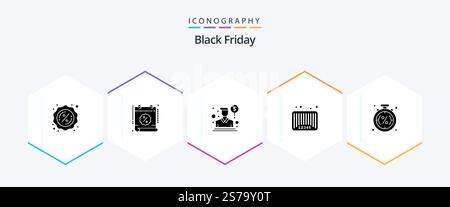 Black Friday 25 Glyph icon pack including discount. barcode. agent. bar code. sale Stock Vector