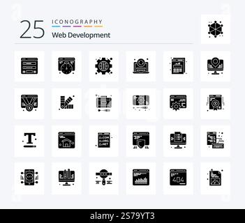 Web Development 25 Solid Glyph icon pack including data. coding. gear. reload. laptop Stock Vector