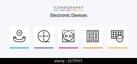 Devices Line 5 Icon Pack Including devices. computers. devices. cpu. chip. Creative Icons Design Stock Vector