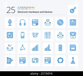 Devices 25 Blue Color icon pack including dj. sms. music. phone. server Stock Vector