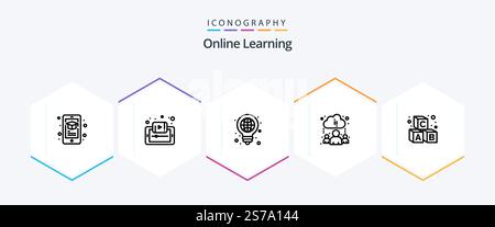 Online Learning 25 Line icon pack including alphabet. learning. tutorials. cloud. light Stock Vector