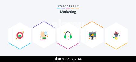 Marketing 25 Flat icon pack including funnel. sign board. headphones. billboard. advertisement Stock Vector