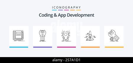Coding And App Development Line 5 Icon Pack Including installation. settings. pocket. document. coding. Creative Icons Design Stock Vector