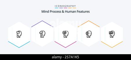 Mind Process And Human Features 25 Line icon pack including target. games. brain. head. human Stock Vector