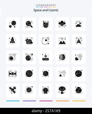 Creative Space 25 Glyph Solid Black icon pack  Such As space. flag. asteroids. ufo. ship Stock Vector