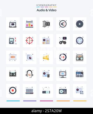 Creative Audio And Video 25 Flat icon pack  Such As shuffle. music. sound. mix. reel Stock Vector