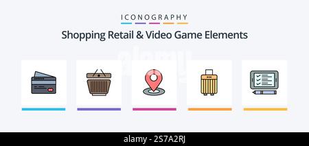 Shoping Retail And Video Game Elements Line Filled 5 Icon Pack Including . package delivery. navigation. delivery van. card. Creative Icons Design Stock Vector