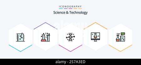 Science And Technology 25 FilledLine icon pack including chemistry laboratory. chemical equipment. genetic modification. ecolab. eco testing Stock Vector