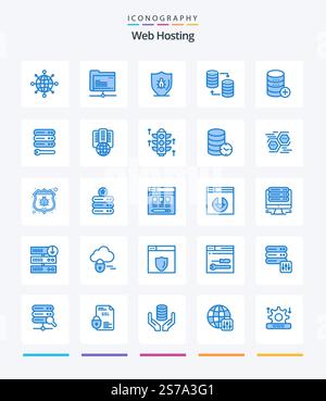Creative Web Hosting 25 Blue icon pack  Such As database. storage. programing. sql. database Stock Vector