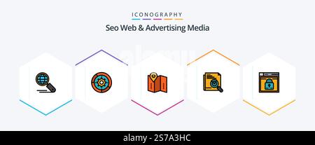 Seo Web And Advertising Media 25 FilledLine icon pack including page search. search. process. page. location Stock Vector