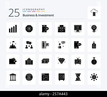 Business And Investment 25 Solid Glyph icon pack including hardware. monitor. cell. office. bag Stock Vector