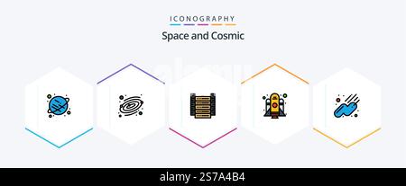 Space 25 FilledLine icon pack including . sputnik. information. space. startup Stock Vector