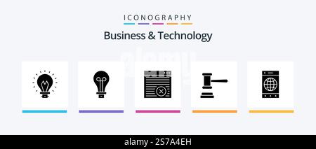 Business and Technology Glyph 5 Icon Pack Including . world. auction. mobile. browser. Creative Icons Design Stock Vector
