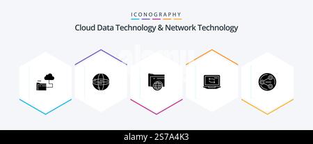 Cloud Data Technology And Network Technology 25 Glyph icon pack including sharing. hardware. folder. laptop. computer Stock Vector
