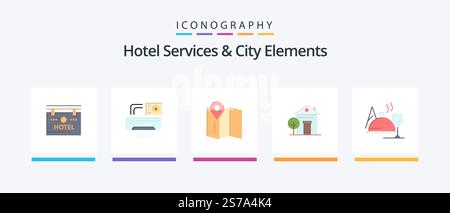 Hotel Services And City Elements Flat 5 Icon Pack Including food. hotel . location. hotel. home. Creative Icons Design Stock Vector